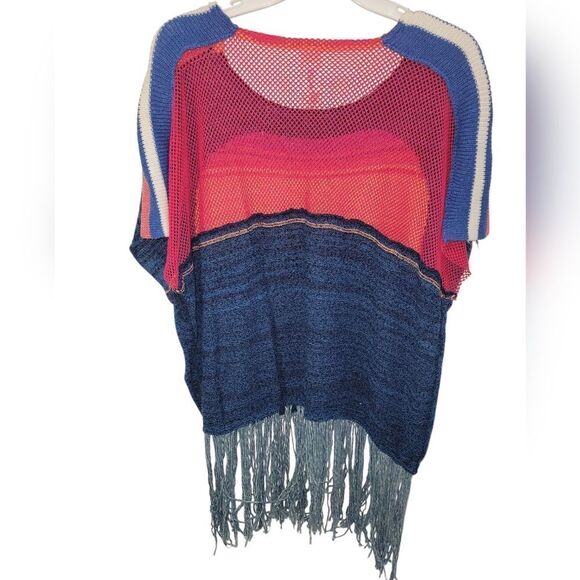 FREE PEOPLE RARE Boho Sunset Knit Rainbow Fringe Trim Poncho Sweater XS - Picture 6 of 7
